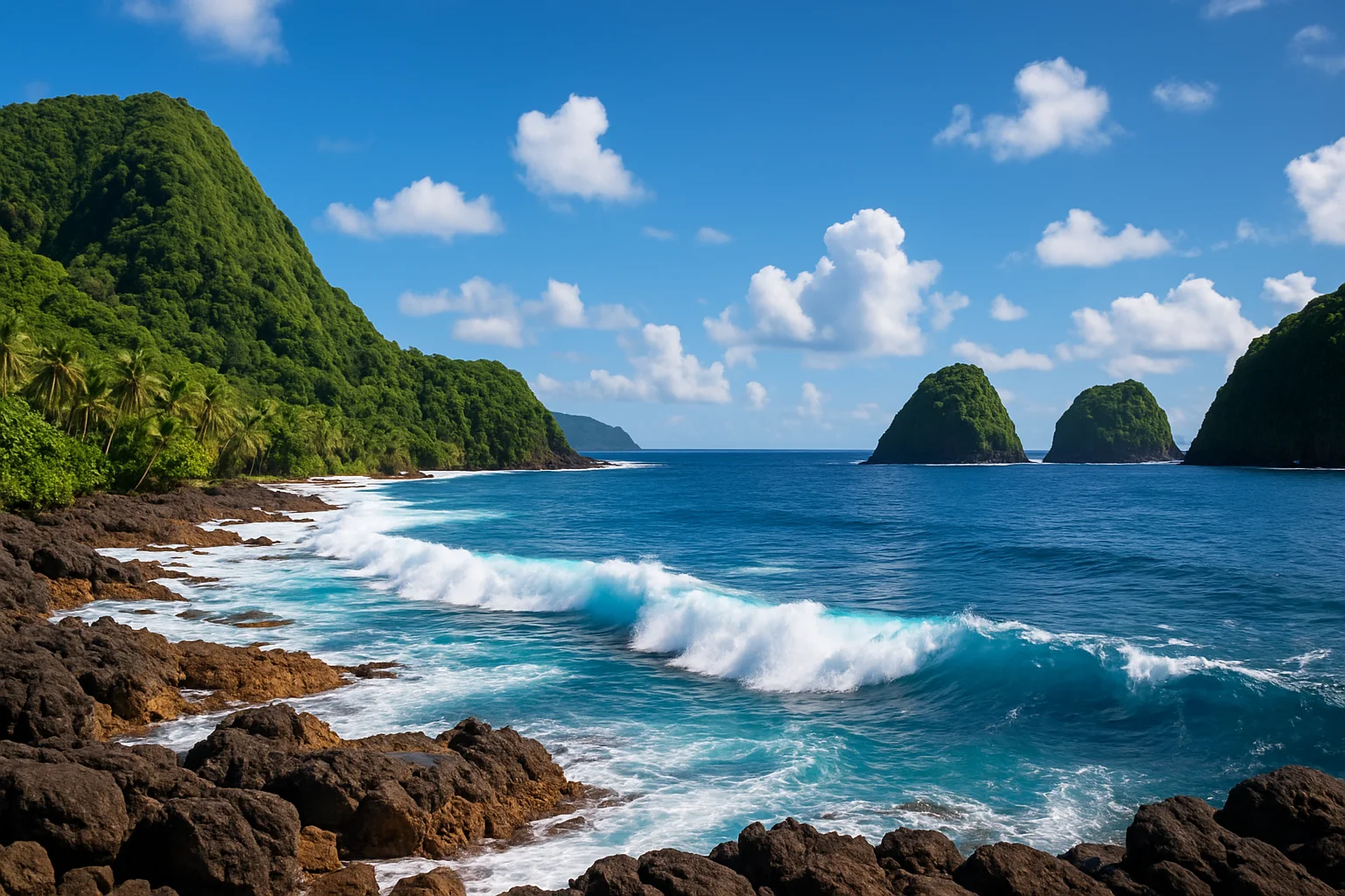 The rugged volcanic coastline of Tutuila, the main island of American Samoa, with steep green ridges meeting the deep blue of the South Pacific