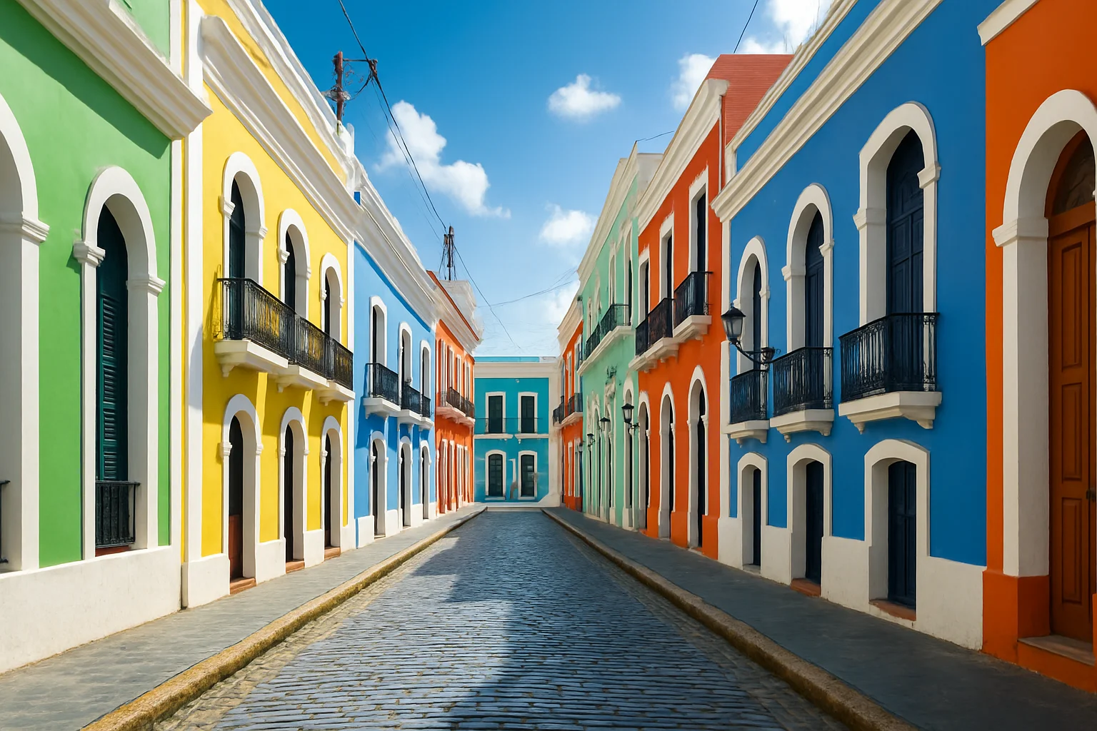 The colorful colonial streets of Old San Juan, Puerto Rico, with the iconic blue adoquin cobblestones and 500-year-old Spanish architecture that make it one of the best-preserved historic districts in the Americas