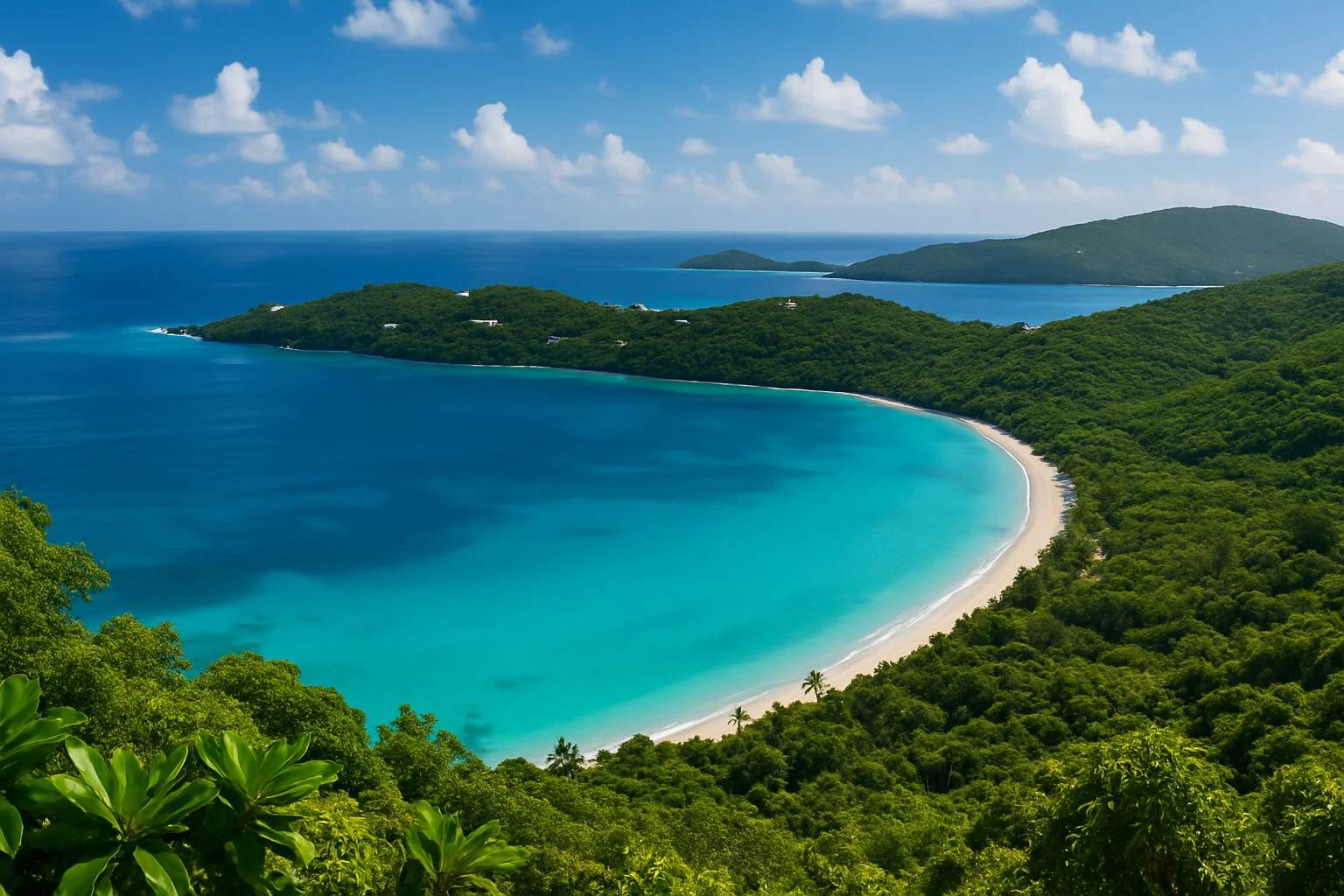 Magens Bay on St. Thomas, U.S. Virgin Islands, one of the most beautiful beaches in the Caribbean, with its crescent of white sand and calm turquoise water protected by the surrounding hills